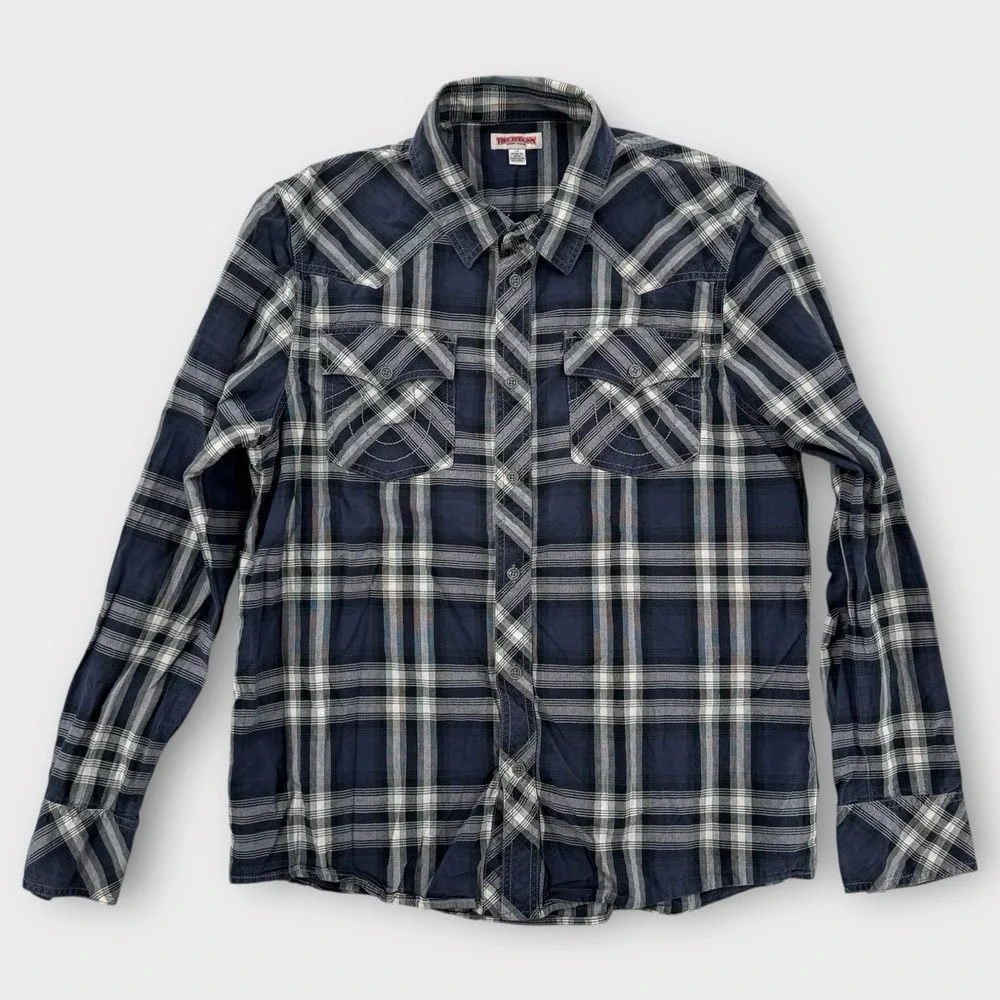 True Religion Shirt Mens Large Western Fit Plaid Cowboy Flannel Long Sleeve